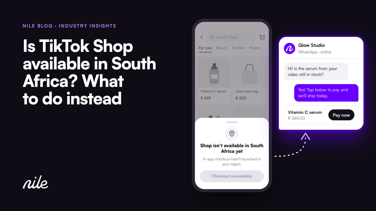 Phone playing a product video, with an arrow from a greyed-out shop tag to a WhatsApp chat where the customer can buy.